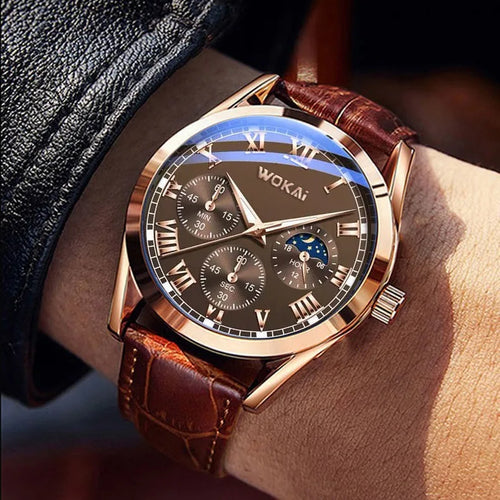 Fashion Business Three-Eye Roman Dial Bamboo Belt Quartz Watch