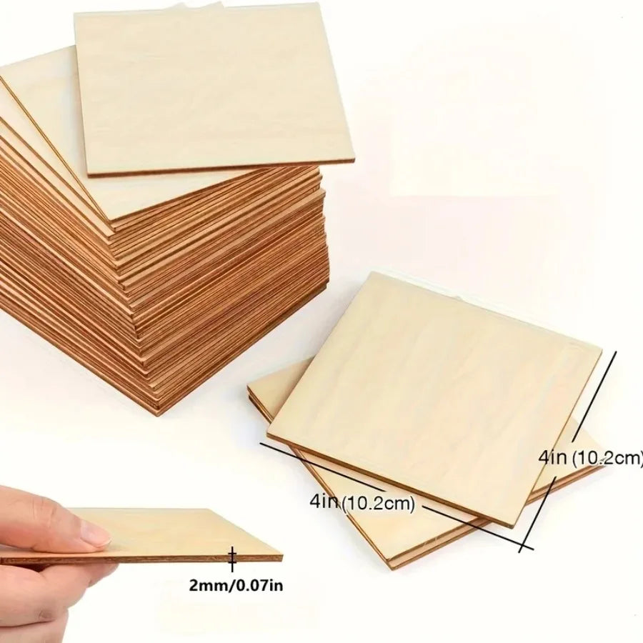 Wood Square 4x4cm Blank Wood Sheet for Crafts, Thin Unfinished Wood