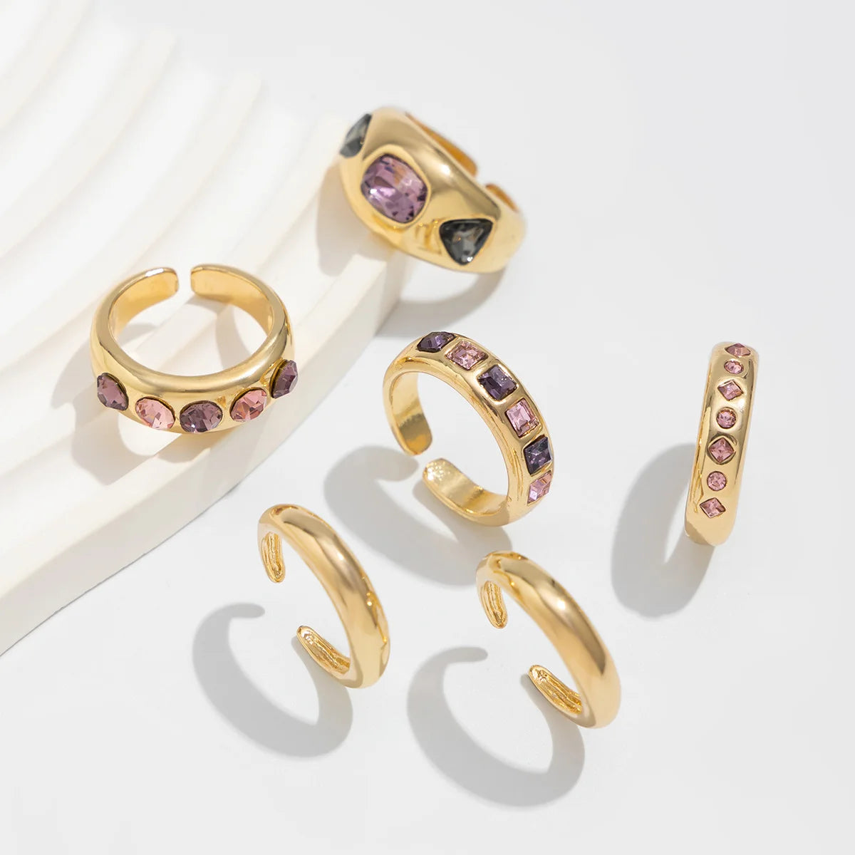 6 Pcs Inlaid Purple Zircon Adjustable Opening Ring Set for Women