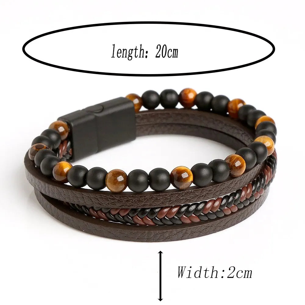Men Leather Bracelet Classic Fashion Tiger Eye Beaded Multi Layer