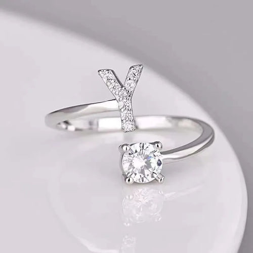 LATS Zircon Initial A-Z Letter Rings for Women Girl Adjustable Opening