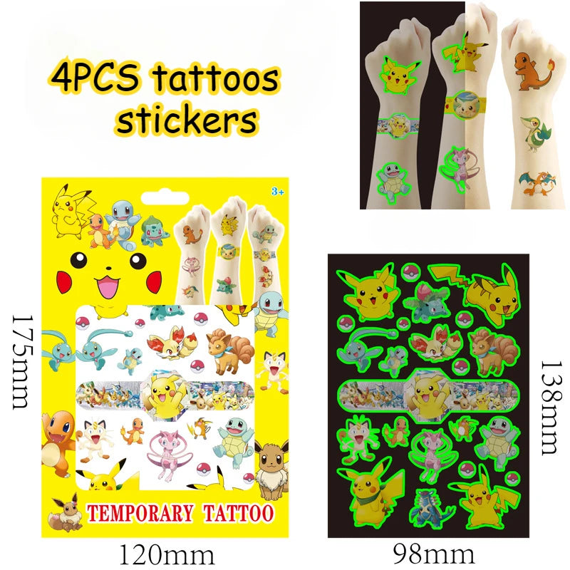 4Sheets Pokemon Luminous Tattoos for Kids Pikachu Temporary Tattoos