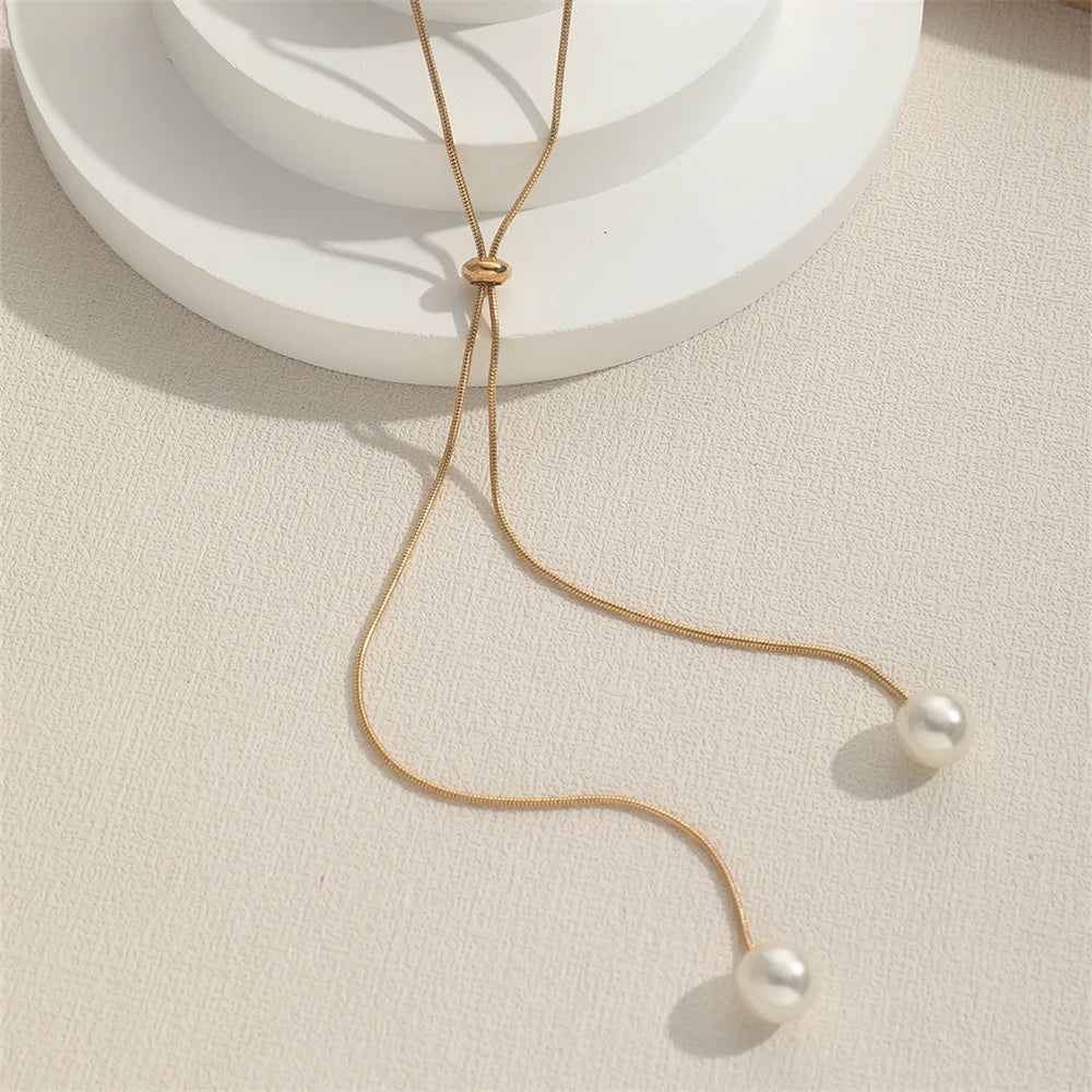 Simple Faux Pearl Pendant Adjustable Long Sweater Chain Necklace