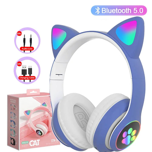 Flash Lamp Cute Cat Ears Headphone Bluetooth5.0 Stereo With Mic