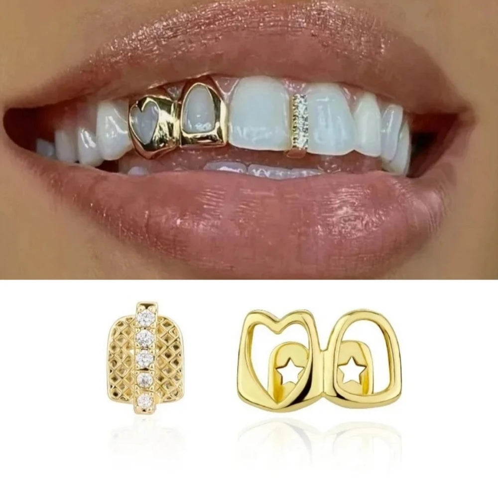 Golden Grillz Tooth Jewelry Set Copper Inlaid Zircon Hollow Heart