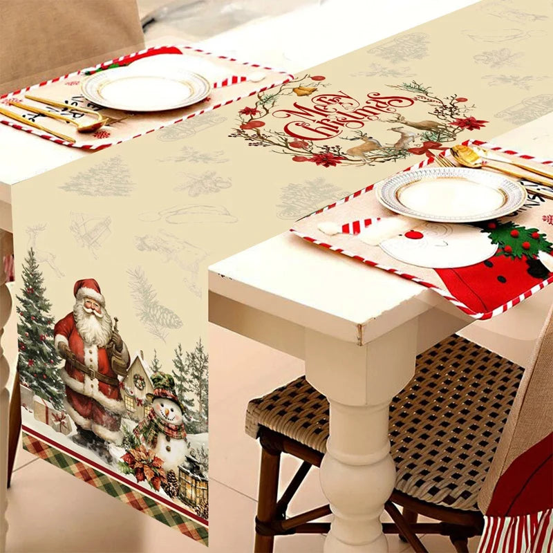 Vintage Christmas Table Runner Retro Santa Claus Table Cover Christmas