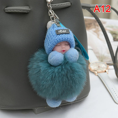 Pompom Sleeping Baby Keychain Cute Fluffy Plush Doll Keyholder Women