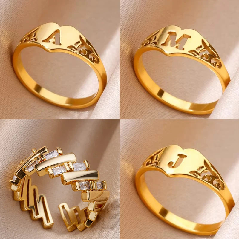 Fashion Hollow Initial Letter Heart Rings For Women Gold Color