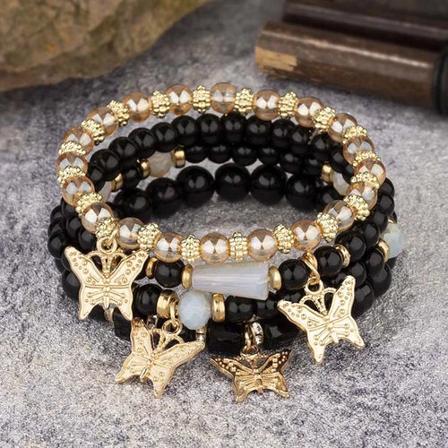 4Pcs Trendy Butterfly Beaded Bracelet Set For Women Pink Acrylic Beads