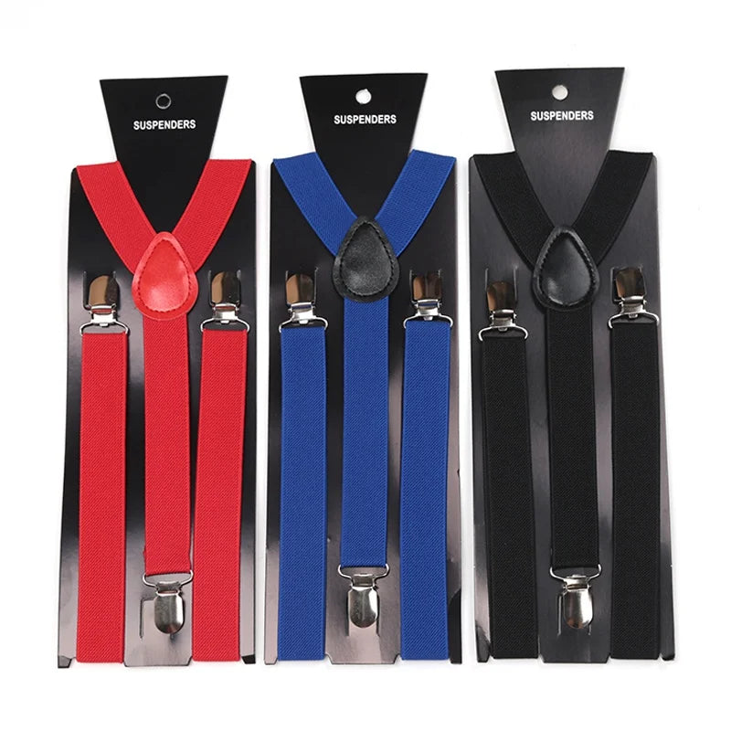 Solid Color Elastic Leather Suspenders Braces Men Women Black Blue Red