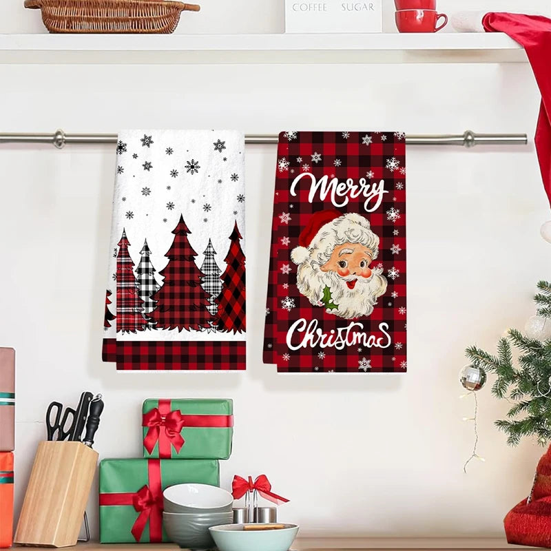 2pcs Christmas Kitchen Towels Buffalo Plaid Xmas Hand Towels Christmas
