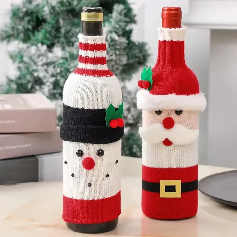 Christmas Wine Bottle Cover Set Santa Snowman Woven Wine Bottle Bags