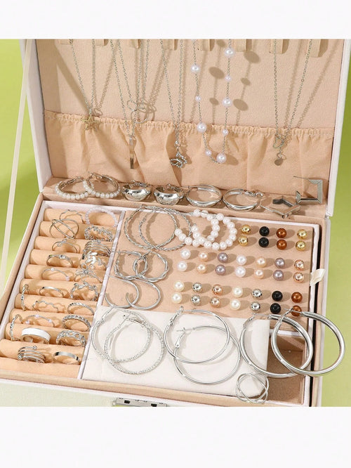 86pcs/Set Elegant Pearl Earrings Multi-Layered Necklace Ear Studs