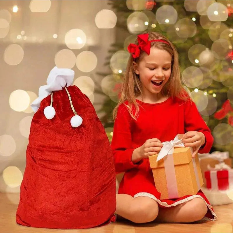 Large Red Velvet Christmas Bag with White Pompom , Fluffy Gift Storage