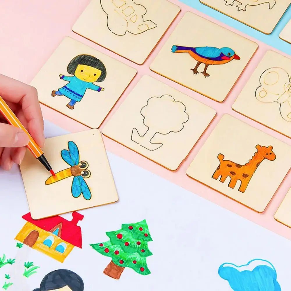 20pcs Montessori Kids Drawing Toys Wooden DIY Painting Stencils