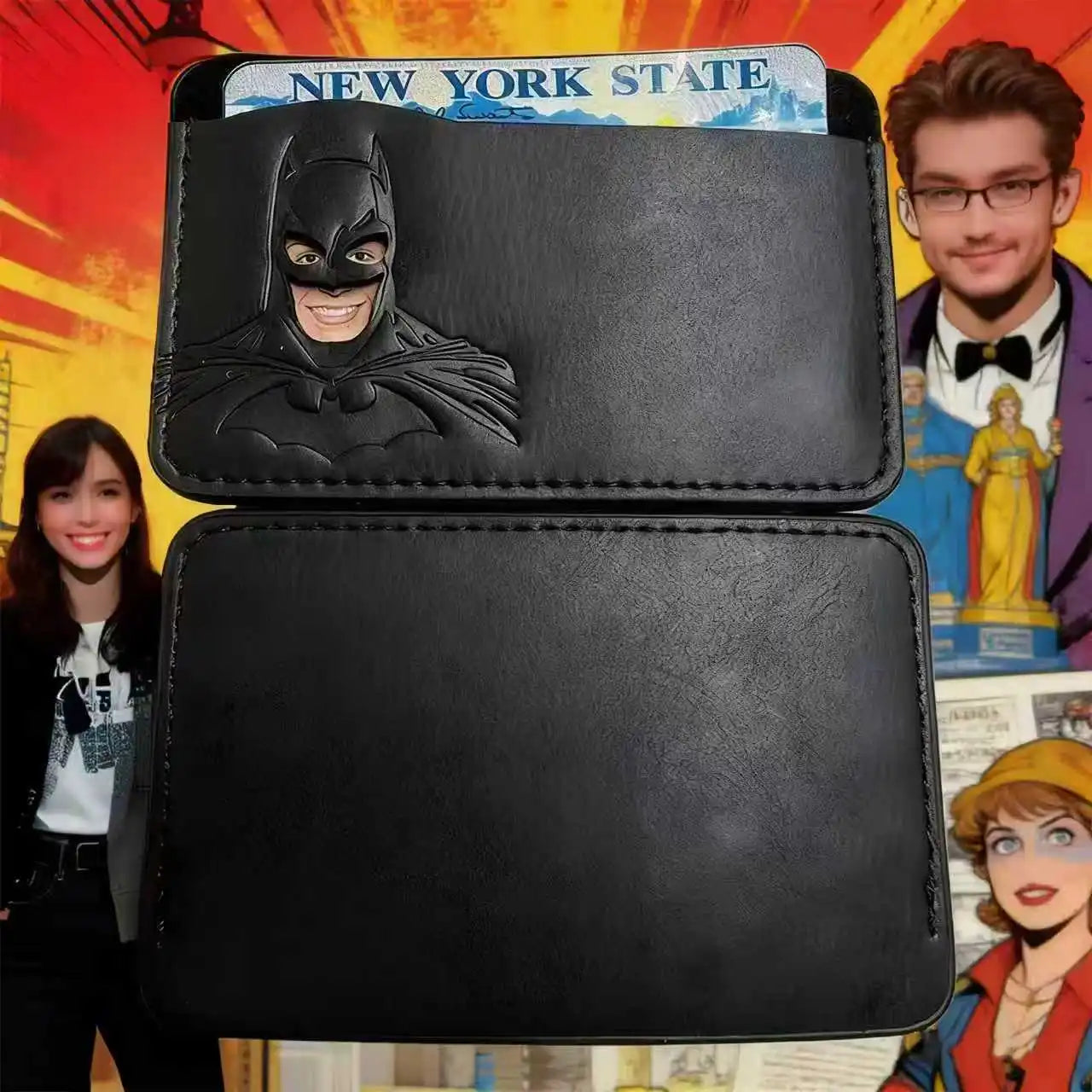 Personalized Leather ID Card Holder with Superhero Mask Design Great