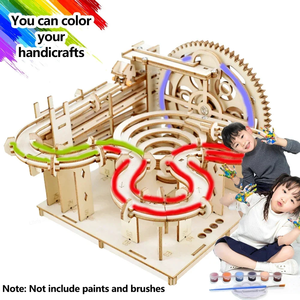3D Wooden Puzzle DIY Building Kits Mechanical Model Marble Run Set