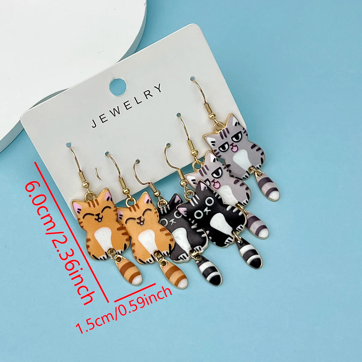 3 Pairs New Fun and Cute Enamel Alloy Hanging Tail Cat Dangle Earrings
