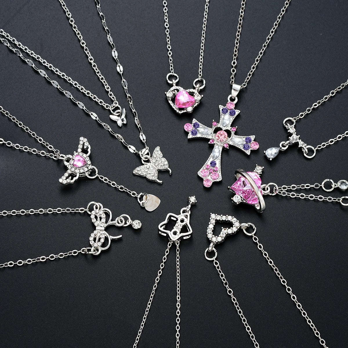 9 Pcs Women's Elegant Zircon Pendants Necklace Set Fashion Pink Color