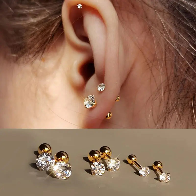 3Pairs Classic Round Cubic Zirconia Stud Earrings For Women Stainless