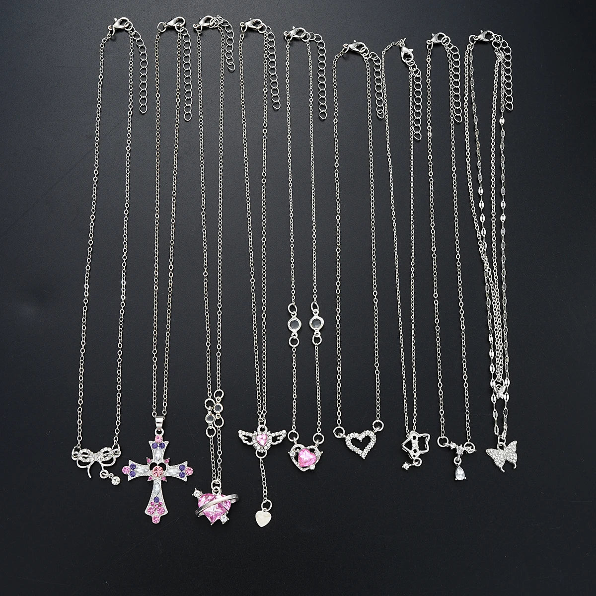 9 Pcs Women's Elegant Zircon Pendants Necklace Set Fashion Pink Color