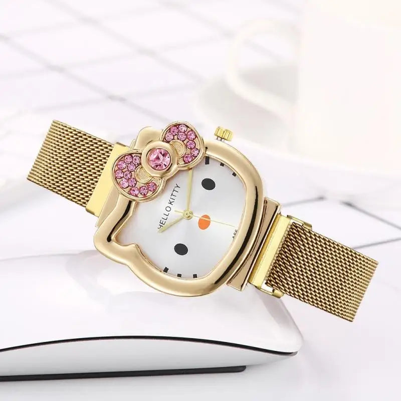 Hello Kitty Diamond  Watch Cat Bow Kawaii Pink Ladies Gold Sliver