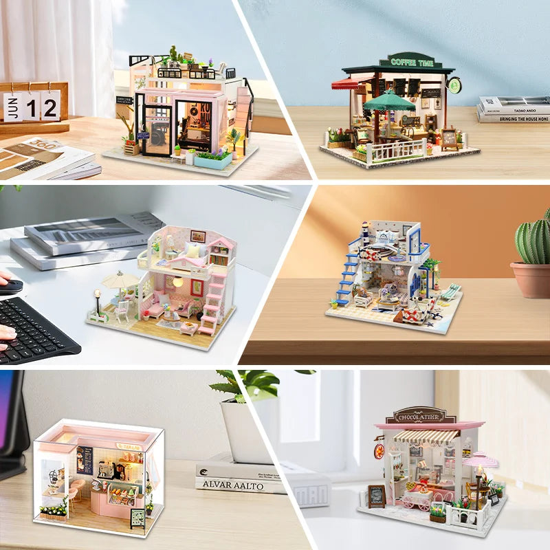 Doll House Kit Wooden Puzzle Assembly Building Model Toys Hourly Light