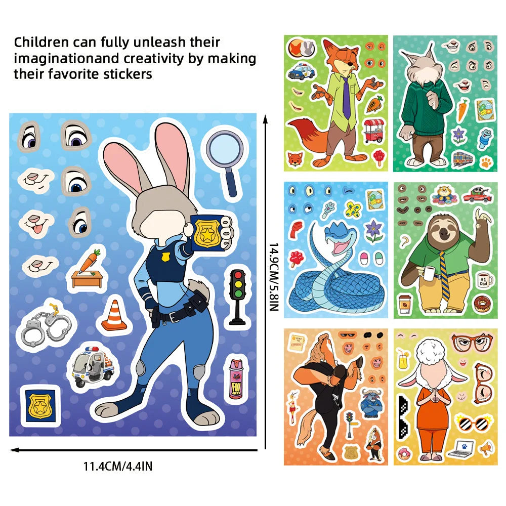 8/16Sheets Make a Face Zootopia 2 Puzzle Cartoon Stickers DIY Ryder