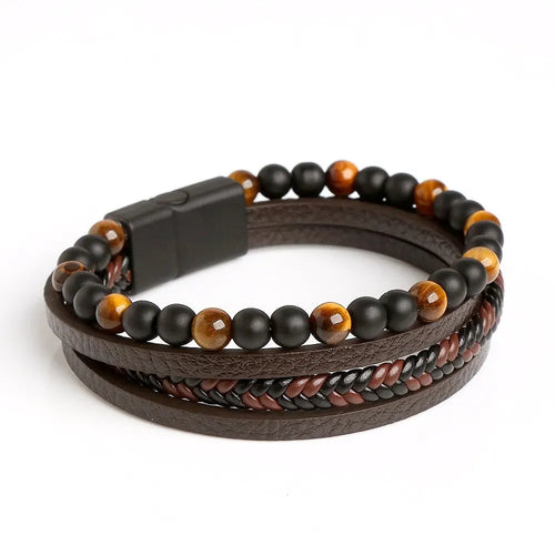 Men Leather Bracelet Classic Fashion Tiger Eye Beaded Multi Layer