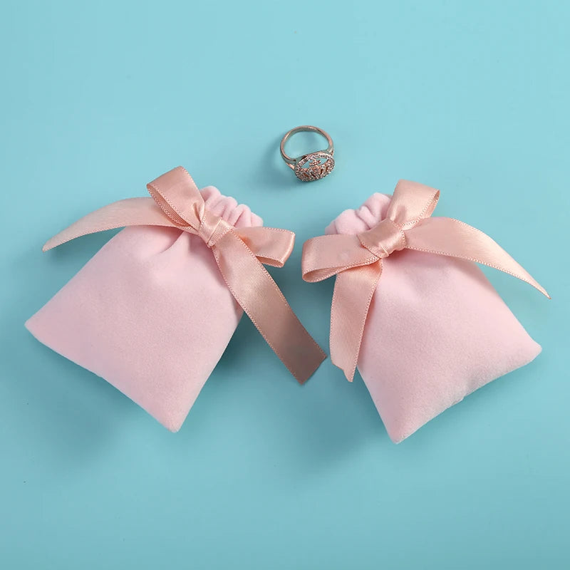 10pcs/lot 7x9cm Pink Velvet Ribbon Bag Drawstring Earrings Rings