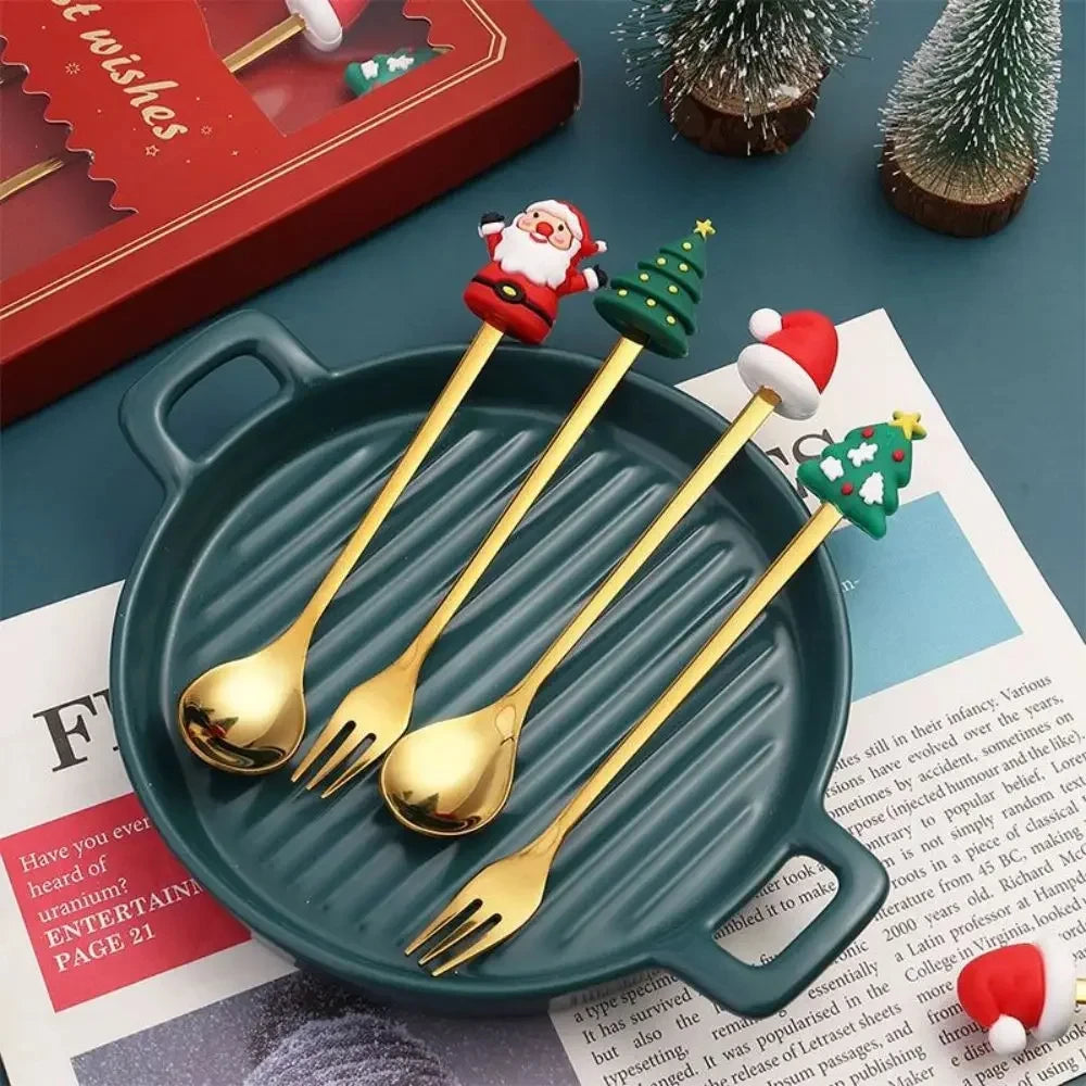 (2/4/6pc) Christmas Spoon and Fork Set Stainless Steel Creative