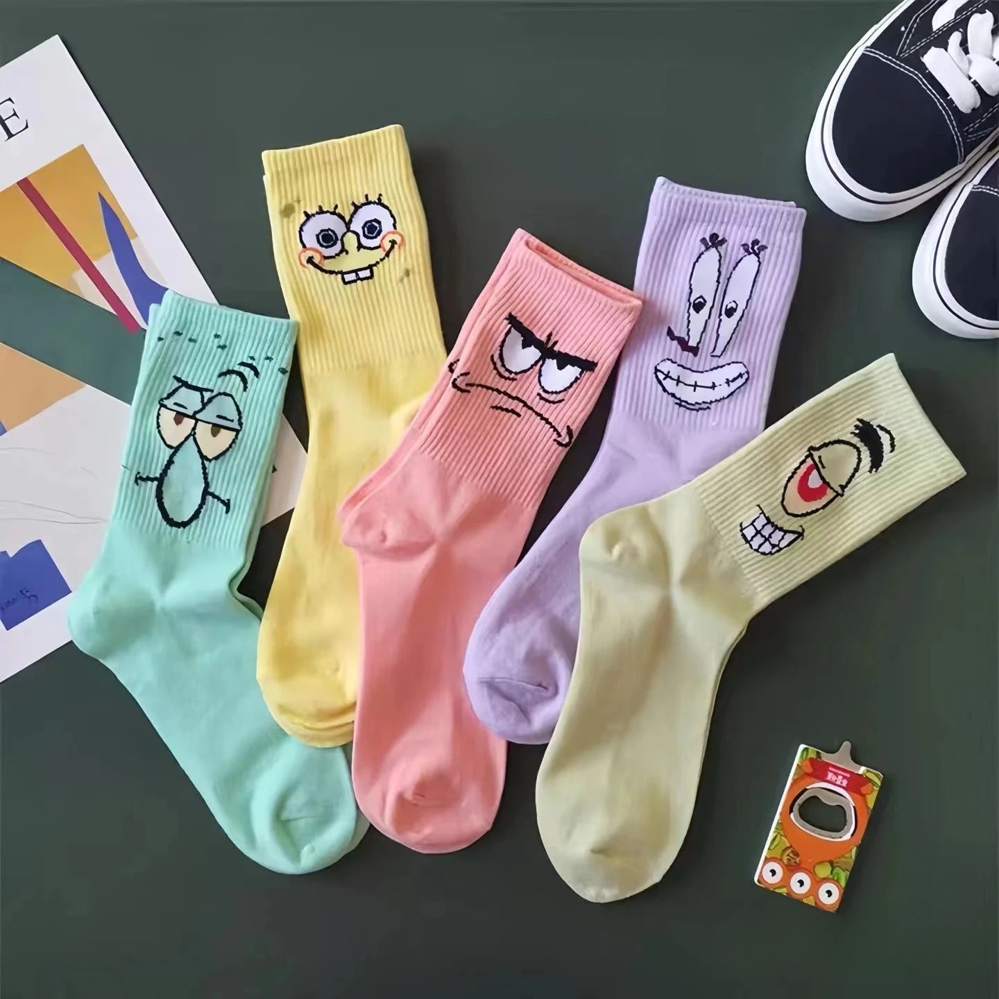 5 Pairs Kawaii SpongeBob Mid-Calf Socks Breathable Cotton Comfortable