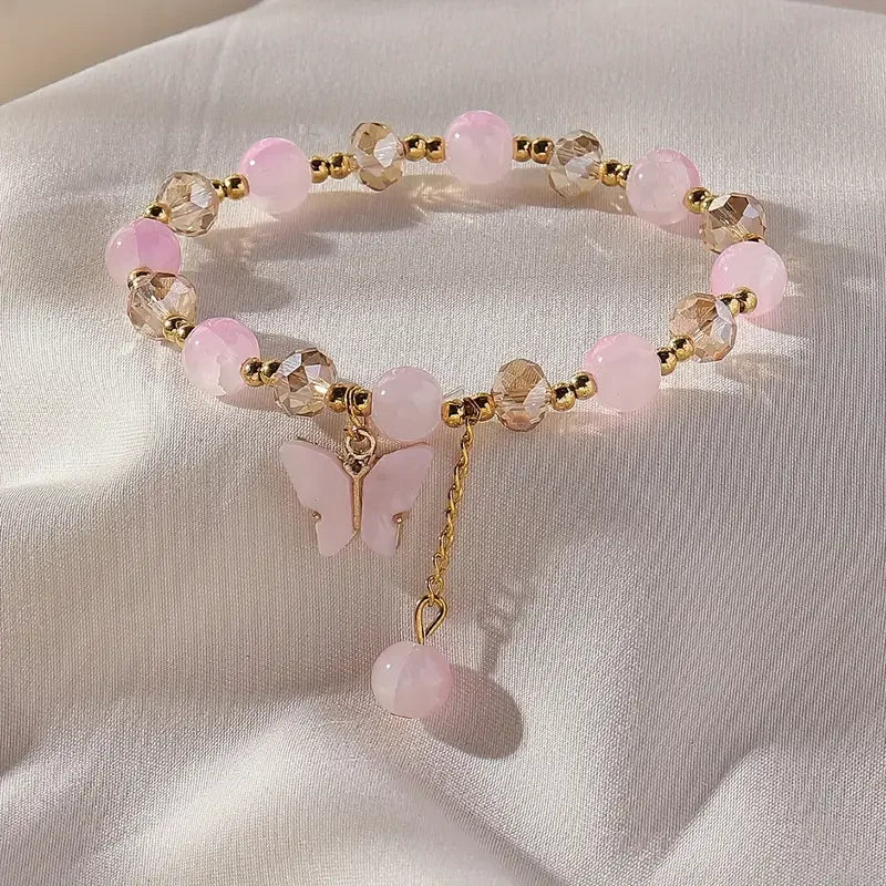 Purple Butterfly Charm Beaded Stretch Bracelet For Women Multi Color