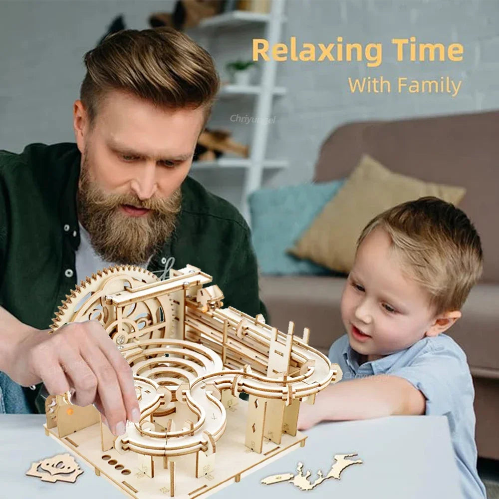 3D Wooden Puzzle DIY Building Kits Mechanical Model Marble Run Set