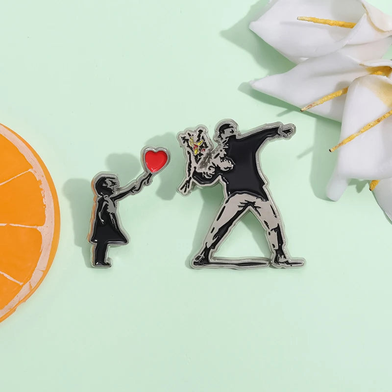 Classic Banksy Art Design Collection Brooch Enamel Pin Flower Thrower