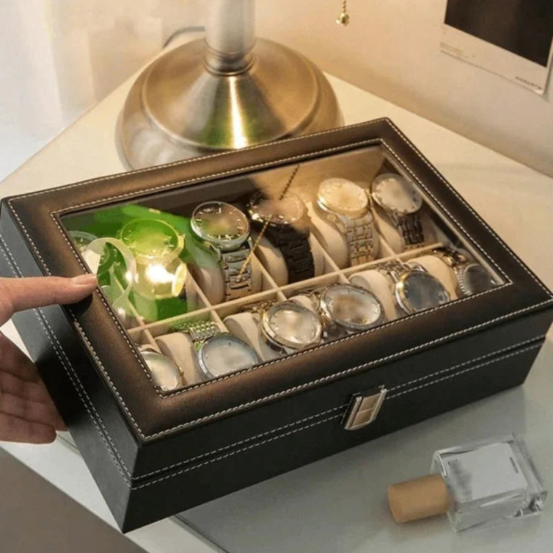 Luxury Watch Organizer Box,Faux Leather, Transparent Lid For Display,