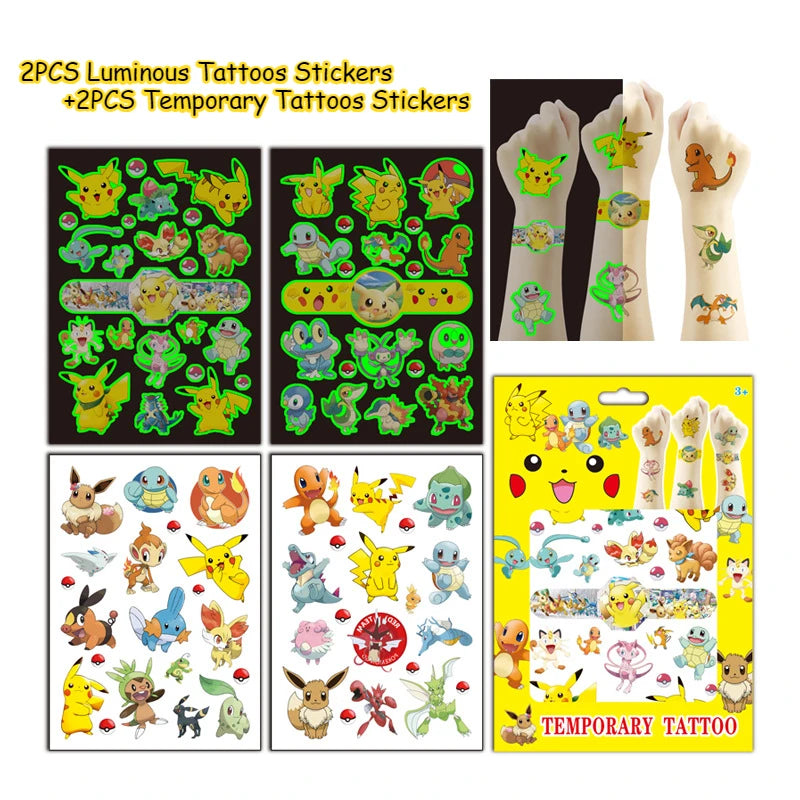4Sheets Pokemon Luminous Tattoos for Kids Pikachu Temporary Tattoos