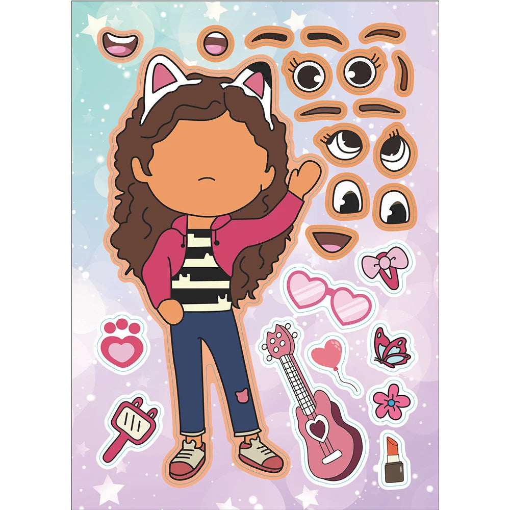 6/12Sheets Gabby's Dollhouse Make A Face Puzzle Stickers Kids Make