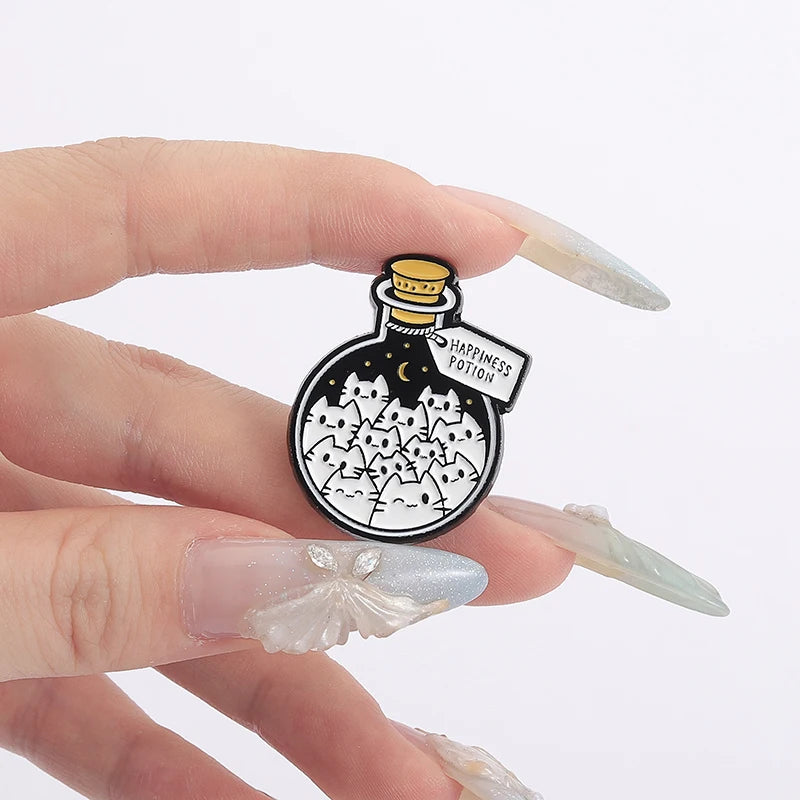 Cartoon Cat Happiness Potion Enamel Pin Cat Enthusiasts Metal Brooch