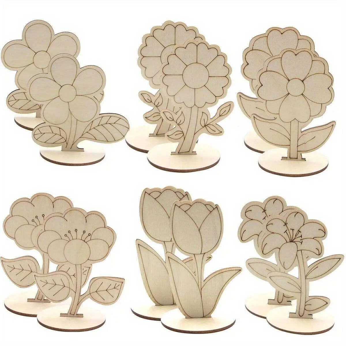 6Pcs/Set Rose/Lily/Sunflower Wooden Ornament Wood DIY Painting Crafts