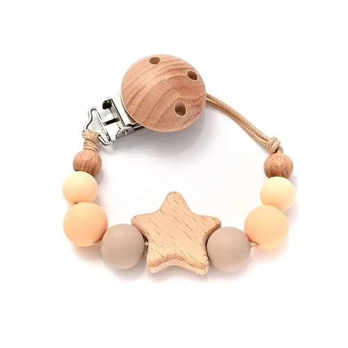 New Baby Pacifier Chain Clips Wood Pentagram Teether Silicone Round
