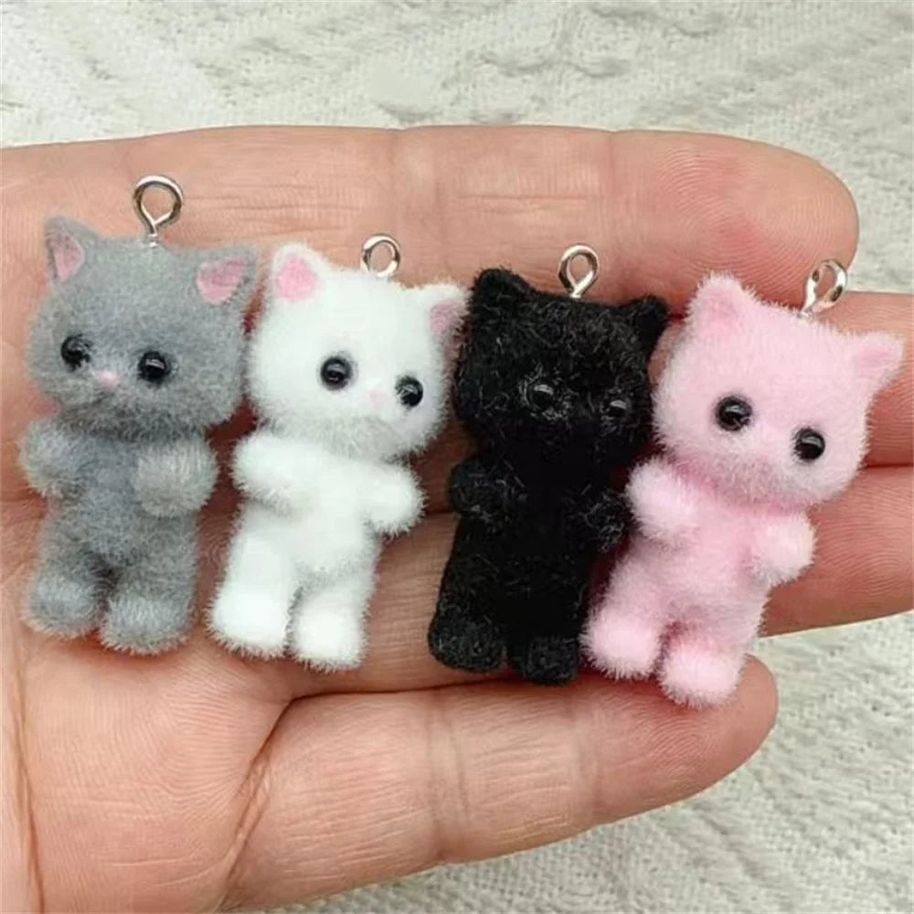 4pcs Kawaii 3D Fluffy Flocking Resin Cat Animal Charms Pendant