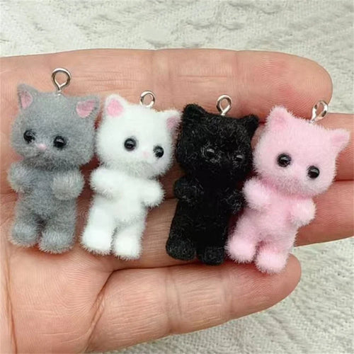 4pcs Kawaii 3D Fluffy Flocking Resin Cat Animal Charms Pendant