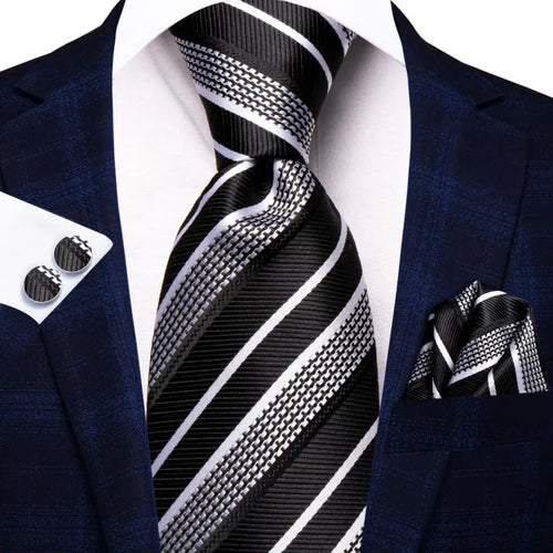 Black Red Striped Silk Wedding Tie For Men Handky Cufflink Gift Men