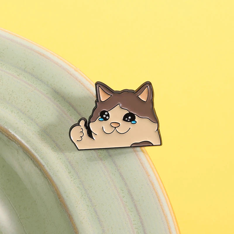 Thumb Up Crying Cat Enamel Pin Kawaii Humorous Animal Brooch Lapel