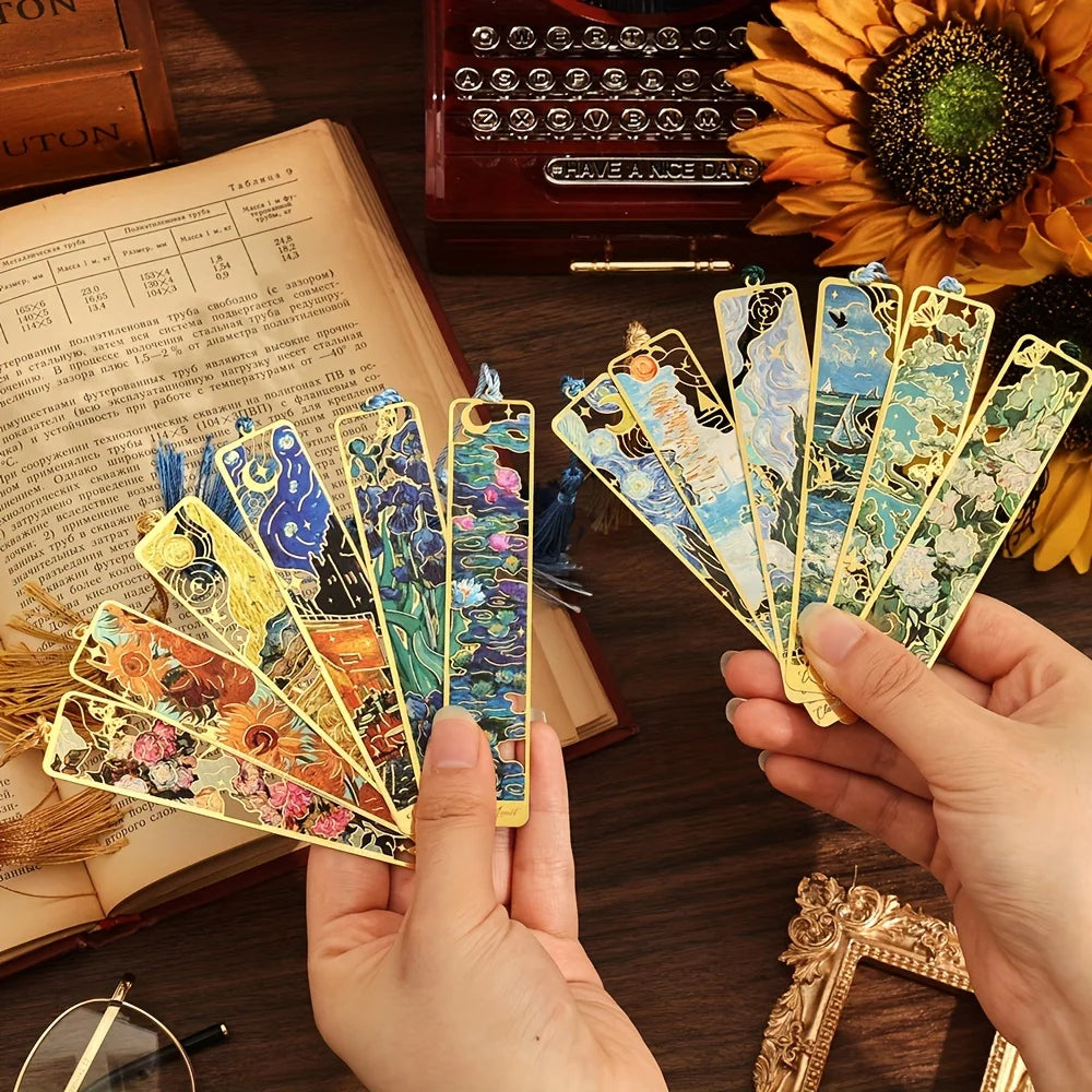 Vintage Oil Painting Metal Bookmarks - Hollow Hot Stamping Long Tassel