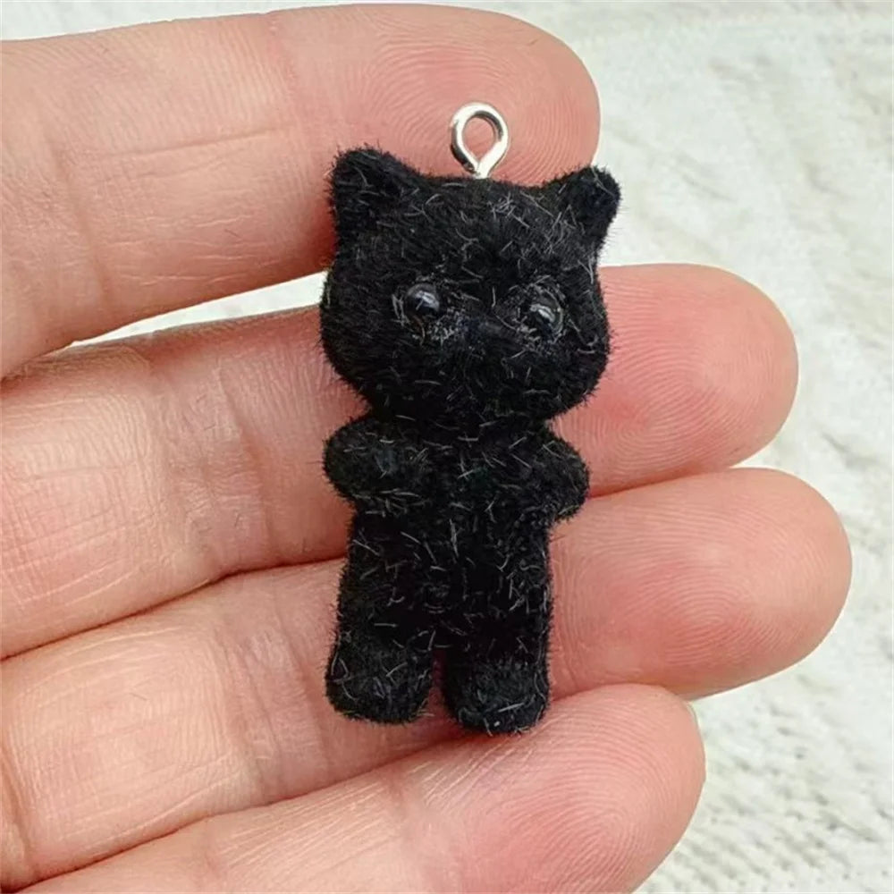 4pcs Kawaii 3D Fluffy Flocking Resin Cat Animal Charms Pendant