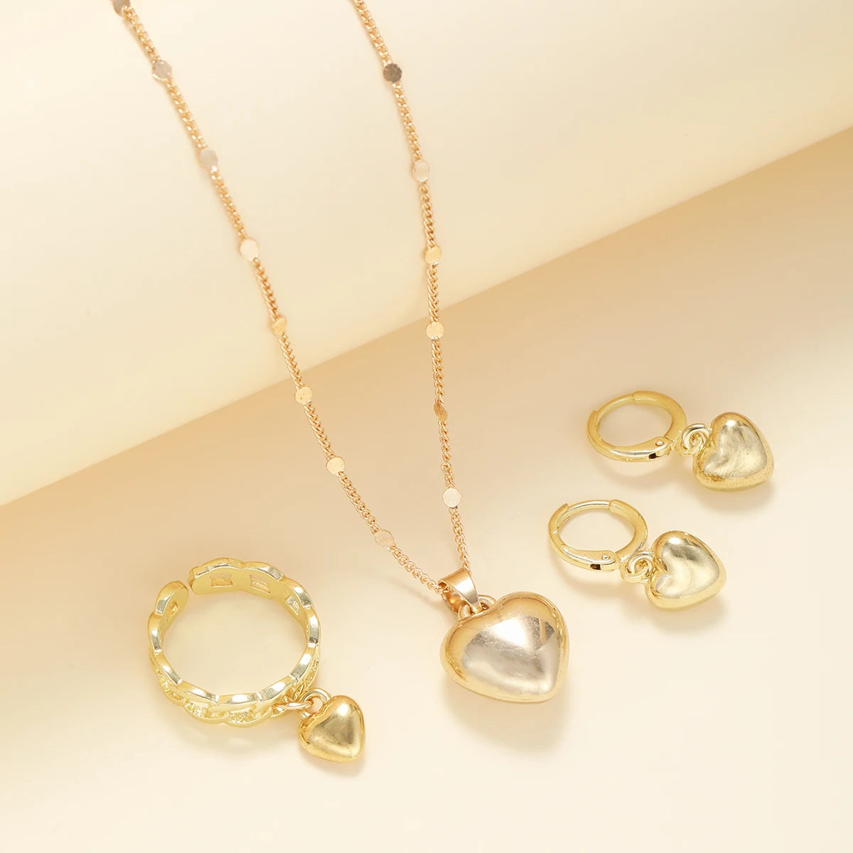 4Pcs/Set Vintage Love Heart Pendant Necklace Ring Hoop Earring for