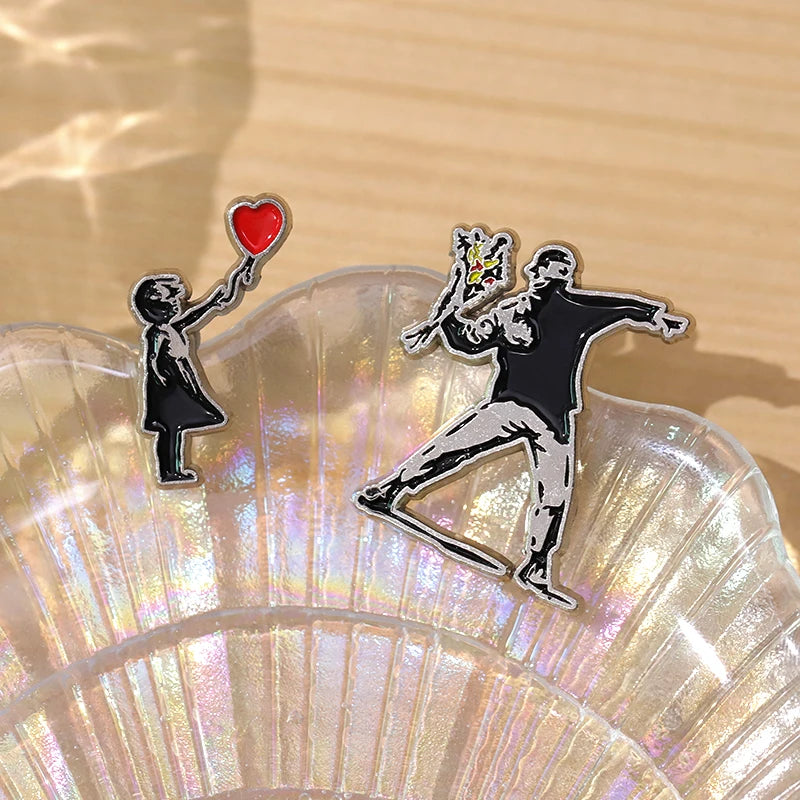 Classic Banksy Art Design Collection Brooch Enamel Pin Flower Thrower