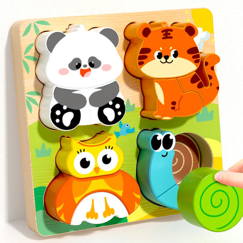 4-in-1 Wooden Toys 3D Wood Puzzle Cartoon Animals Cognitive Jigsaw